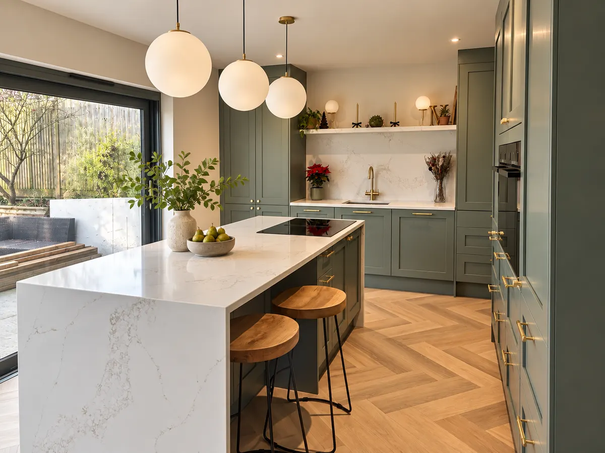 Sage green shaker kitchen with a white quartz island, oak bar stools and globe pendants, garden doors open on the left